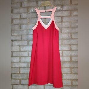 Skies Are Blue Sheath Keyhole Chiffon Red and Pink Sleeveless Dress